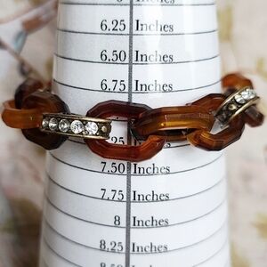 J. Crew Faux Tortoise Link Bracelet Round Oxidized Brass Tone Rhinestone Accents